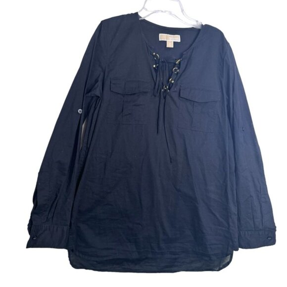 Michael Kors Cotton Neck Lace Tunic Roll Up Sleeves Pockets Top Lightweight M - Picture 2 of 16